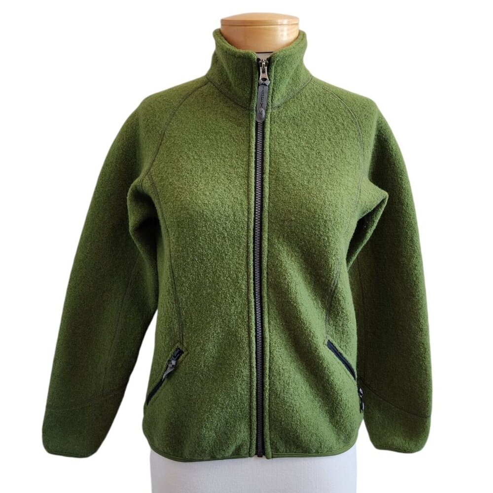IBEX 100% Boiled Wool Thick Green Zip Front Mock Neck Structured Jacket Womens S
